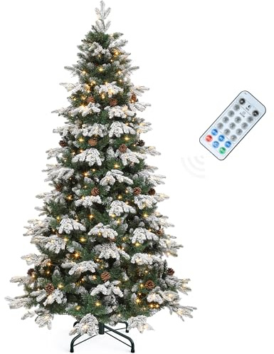 YITAHOME Albero di Natale artificiale 182,9 cm (6 piedi) con illuminazione e telecomando, pre-decorato con 29 coni e 900 punte in PE/PVC, 11 modalità di illuminazione, 3 timer, regolabile e floccato