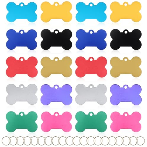 20 Pcs Stainless Steel Blank Pet ID Tags Bone Shape Engraving Name Tag Stamping Blanks Dogs Pet Tags 1.5 x1Inch Colorful Double Sided Dog Cat Number Pendants for Engraving