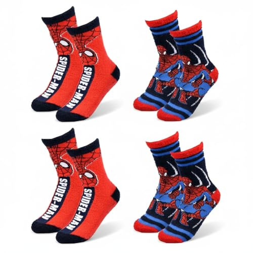 Pack 4 pares de calcetines antideslizantes niño - Marvel Spider-Man | Suave y resistente | Algodón de peluche | Licencia oficial de Marvel | Tallas 23/26, 27/30, 31/35