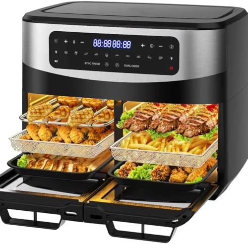 Dewelling Air Fryer Dual Zone 12L - XXL Airfryer avec séparateur amovible, Friteuse sans huile double cuve 2600W avec double fenêtre, 10 fonctions, recettes