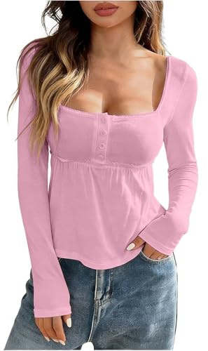 PODOLIXIA T-shirt à manches longues pour femme avec col carré Y2k Clothes Dos nu Henley T-shirt à manches longues volants Haut basique T-shirt nuisette, Rose, L