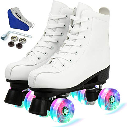 Women's Roller Skates PU Leather High-top Roller Skates Four-Wheel Roller Skate Shiny Roller Skate with Carry Bag for Girls (White Flash Wheel,US:7)