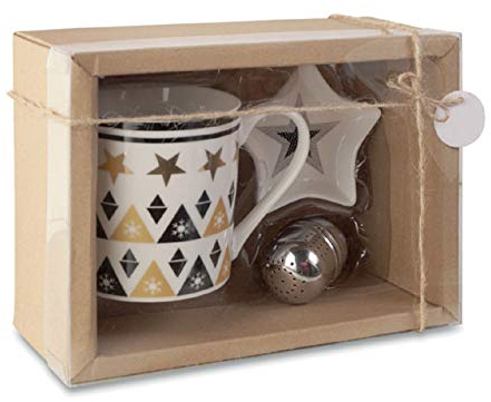 Taza de té de Navidad con diseño navideño de cerámica con huevo de té y posavasos en caja de regalo de Navidad X-Mas Adviento