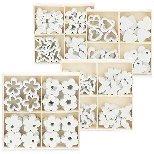 com-four® 128-teiliges Set Streudeko - Schmetterlinge, Herzen und Blumen aus Holz in mehreren Designs - Holz-Streudeko zum Dekorieren und Basteln (128 Stück Herz Blume Schmetterling)