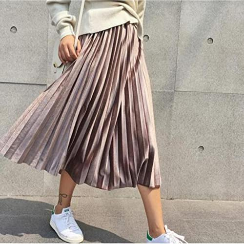 ZXCL Primavera 2020 Mujeres Larga Metallic Silver Maxi Falda Plisada Midi Falda Cintura Alta Elasticidad Casual Falda Partido-Khaki,One Size