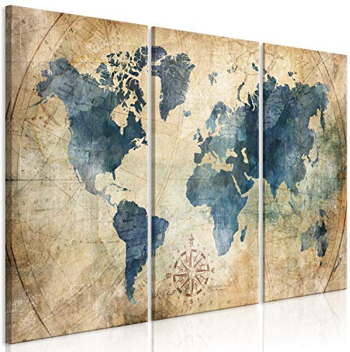 murando - Tableau Acoustique Carte du Monde 135x90 cm 3 Parties - Décoration Isolation Phonique Bureau Chambre Panneau Insonorisant Impression sur Toile - Vintage Carte du monde Bleu k-A-0415-b-e