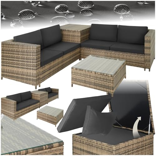 tectake® Ensemble Salon de Jardin Exterieur en Poly Rotin 4 Personnes, 2 Canapés modulables, Coffre de Rangement et Table de Jardin en Verre Inclus, Mobilier de Jardin pour Amenagement Balcon