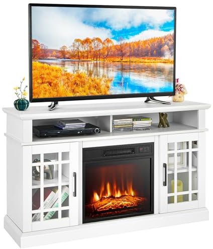 COSTWAY Electric Fireplace Insert TV Stand, Entertainment Center Console Table with Adjustable Flame, Overheat Protection Fire Heater & Remote (White, 18” Fireplace, for 55” TV)