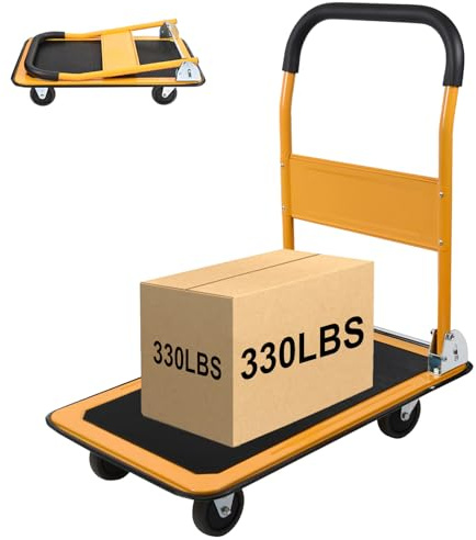 LEADALLWAY Foldable Push Cart Platform Cart 330lbs Capacity 4 Wheels 28.7x18.5x32.3inches Yellow Small Flatbed Cart