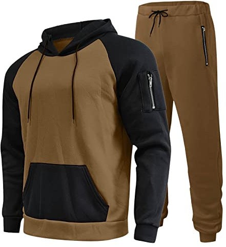 TDEOK Western 247 Männlicher lässiger Fester Zweiteiliger Anzug Reißverschlusstasche Raglanärmel Hoodies Kordelzug Reißverschlusstasche Hosen Set Karate Kinder Anzug (Khaki, XXXL)