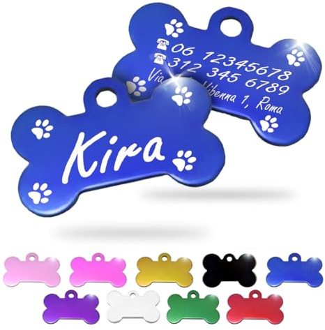 Ibera gifts - Medaglietta Cane Personalizzata, Targhetta Cane con Incisione in Alluminio Lucido a Forma di Osso, Perfetta per Animali di Piccola e Media Taglia, medaglietta cane (Zampe, Blu)