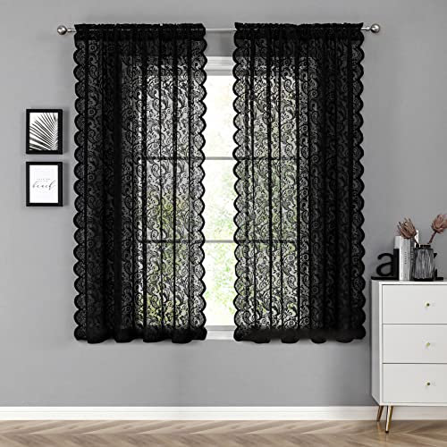 Bujasso Black Sheer Lace Curtains 54 inch Elegant Vintage Floral Short Curtain Panels for Kitchen Living Room Bedroom Light Filtering Black Drapes Window Treatment Sets Rod Pocket 2 Panels 54 Wx54 L