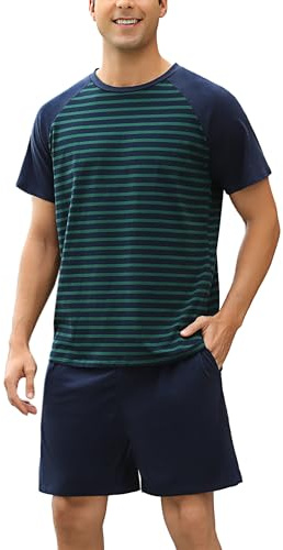 Bresdk Pijamas Cortos de Verano para Hombre Camisas a Rayas con Cuello Redondo y Manga Corta con Pantalones Cortos, Azul Marino/Verde Oscuro, L