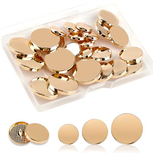 Metall Flache Knöpfe 24 Stück in Gold mit Box - für Blazer, Jacken, Hemd, Anzüge, Hose, Uniform DIY Handwerk (15 mm, 20 mm, 25 mm)