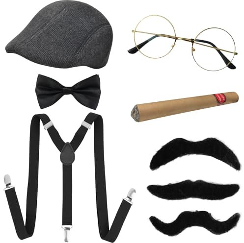 JSTHHTT 20er Jahre Kostüm Herren Accessoires, Mafia Karneval Kostüm Herren, Fasching Kostüme Herren Hosenträger Herren Kostüm Set Deko, Gangster Panamahut Fliege Hosenträger