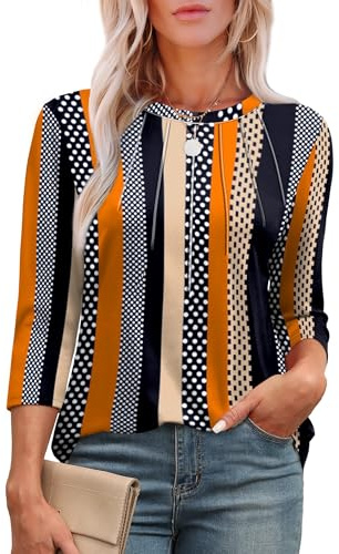Aokosor Womens 3/4 Sleeve Tops Ladies Blouses Crew Neck Pleated Shirts Fashion Dressy Tunic Blouses