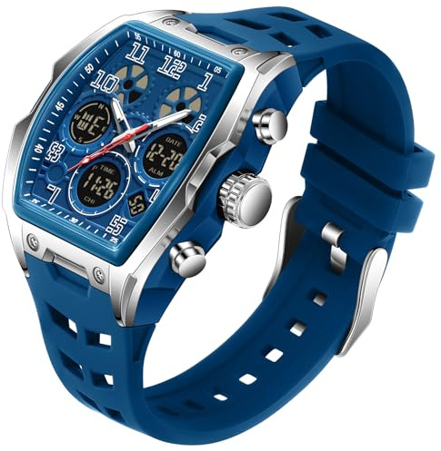 Uomo Orologi per Uomo Unico Rettangolo Orologi Militare Digitale Analogico Sport Impermeabile Orologio con Allarme, Cronometro, Conto Alla Rovescia, Suoneria Oraria, Luminoso Multifunzione (Blu)
