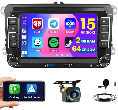 Hikity Android 15 Autoradio med Navi för VW T5 Golf 5 6 Polo Sharan Seat Passat Tiguan, 2 din Radio 7 IPS Skärm 2G+64G med CarPlay Android Auto Bluetooth FM RDS Kamera