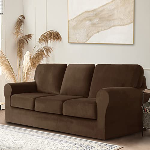 Stretch Velvet Sofa Cover Set for 3 Seater 7 Pieces Slipcovers with Elastic Band Separate Cushion & Backrest CoversCoffee Color Durable & Stylish Furniture Protector
