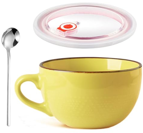 Stor kopp keramik, 700 ml salladsskål med handtag, stora flingskålar, stor tekopp med lock och sked, återanvändbar porslin kaffekopp, porslin soppskål, kaffekopp kopp (gul)