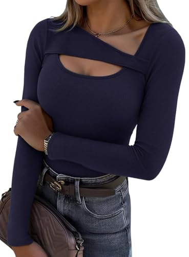 Aottori Camiseta de Mujer Manga Corta Acanalado Elástico con Cuello Redondo | Tejido Ligero, Estilo Casual, Estilo Elegante, Forma de Túnica, Sensación Ligera, para Primavera Verano