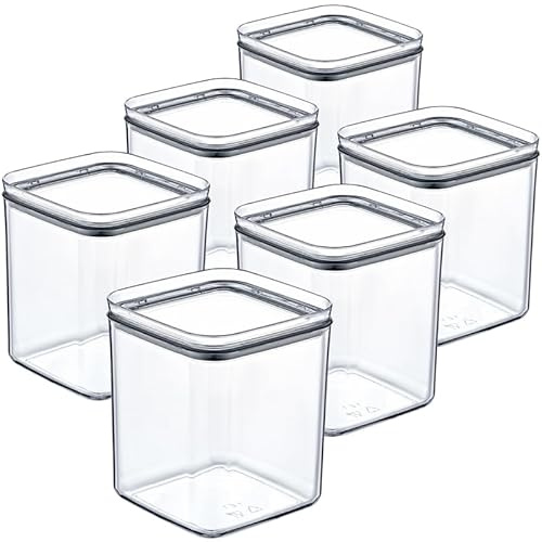 SUSTANIA Tarros herméticos de 1 l, juego de 6 cajas de almacenamiento transparentes cuadradas, de plástico transparente, para cocina y despensa, organización con tapa