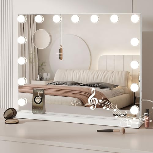 Dripex Espejo de Maquillaje con Luces y Bluetooth, 58x45cm Hollywood de Mesa con Bombillas de 15 LED, Tres Colores de Luz y Función de Luminosidad Ajustable con Control Táctil, Blanco