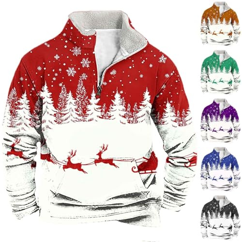 Christmas Jumpers For Men 1/4 Zip Xmas Tree Pullover Sweatshirt Long Sleeve Stand Collar Funny Xmas Jumper Reindeer Snowflakes Printed Plus Size Ugly Tops Soft Comfortable Warm Christmas Outfits Red