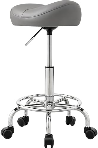 Balama Sadelpall justerbar höjd 50–70 cm med hjul, upp till 150 kg, ergonomisk rullpall, roterbar 360°, robust konstläder med tjock sittdyna, certifierad gasfjäder, grå