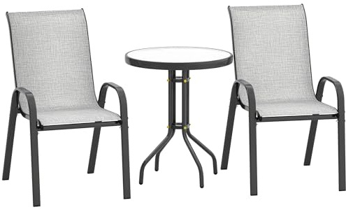 Outsunny Set da Bistro 3 Pezzi con 2 Sedie da Giardino Traspiranti Impilabili e Tavolino Rotondo, Set Tavolo e Sedie da Giardino in Acciaio e Vetro, Set da Giardino per Patio, Cortile, Grigio