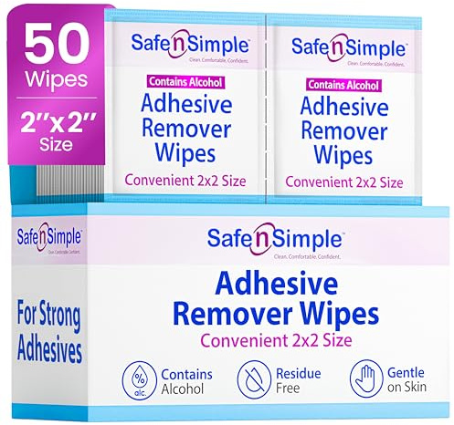 Safe n' Simple Adhesive Remover for Skin - 2”x2” 50 Packets - Adhesive Remover Wipes - Adhesive Remover Wipes Alcohol - Medical Isopropyl Alcohol Cleansing Pads Individually Wrapped
