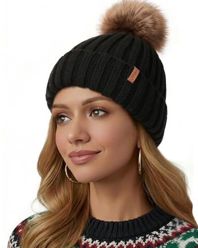 FURTALK Womens Winter Beanie Hat Fleece Lined Faux Fur Pom Pom Knitted Warm Beanie for Women