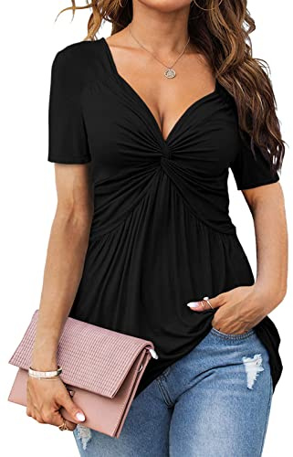 Tankaneo Womens Front Knotted V-Neck Blouse T Shirt Short Sleeve Oversized Tunic Tops Summer Solid Pullover Tees