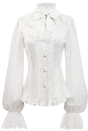 Fiamll Camicetta da donna medievale in seta con pizzo per feste, gotico, colletto alto, bianco, XXL