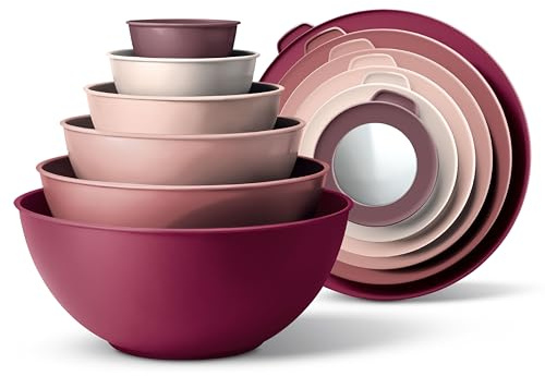 COOK WITH COLOR Mixing Bowls with Lids - 12 Piece Plastic Nesting Bowls Set includes 6 Prep Bowls and 6 Lids, Microwave Safe Mixing Bowl Set, Rose TPR Lid