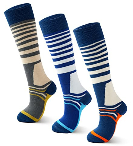 Lollisy Boys Ski Socks - Kids Winter Warm Thermal Socks for Girls, Skating, Snowboarding - 3 Pack Stripes 6-8 Years