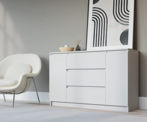 3E 3xE living.com Kommode 140 cm mit 2 Türen und 3 Schubladen in Weiß - 140 x 78 x 39 cm (B/H/T)