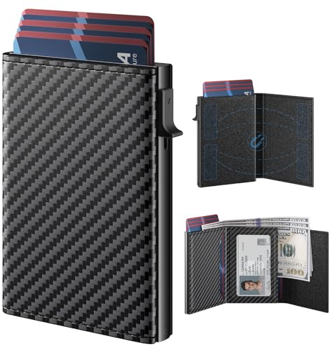 typecase Mens Wallet Card Holder: Pop Up Aluminum Case, Genuine Leather, Smart, RFID Blocking, Slim, Minimalist, Front Pocket - 9-14 Card Capacity | ID Window | Cash Slot (Carbon Fiber)