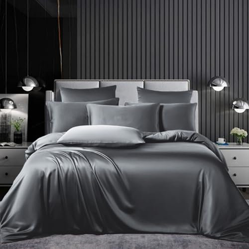 Satin Bed Linen Set 155 x 220 cm 3-Piece Grey Anthracite Dark Grey Silky Touch Shiny Silk Duvet Cover Smooth Luxury Bedding Set Soft Double Bed with Zip and Pillowcases 80 x 80 cm