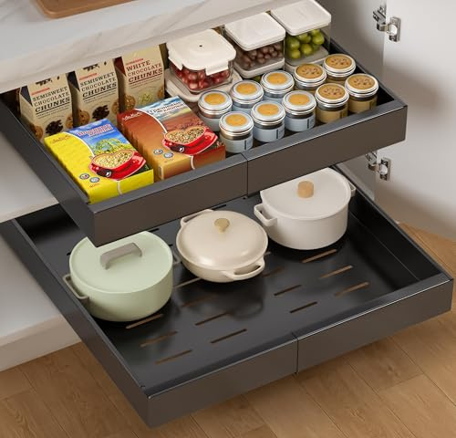 LeKuni Cassetti Estraibili Per Cucina 2 pezzo, Cassetto Estraibile Cucina A Larghezza Regolabile, Cassetto Telescopico Cucina, Cassetti Scorrevoli Per Cucina (Nero 32-52cm)