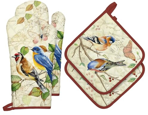 Arquiel Guanti Da Forno Presina Set Di 4, 100% Cotone Addensare Guanti Da Forno A Microonde, Presine Da Cucina Morbida Antiscivolo Resistenti Al Calore Per Cucinare Forno Regalo(uccello retrò)