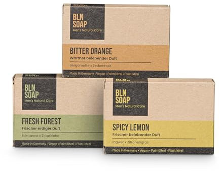 Männerseife-Set: Natürliche feste Seifen für Männer - Starter-Set Herren - 3-in-1 Duschseife für Hand, Körper und Haare - Geschenkset - Shampoo Mann - Vegan, ohne Plastik, 3 x 135 g - BLN SOAP