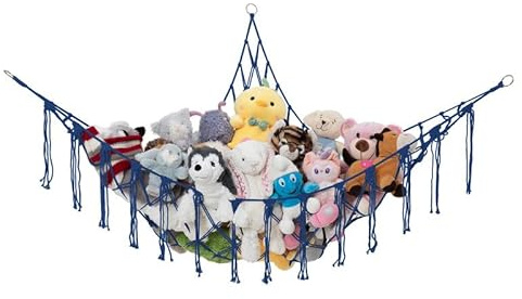 Lilly's Love Stuffed Animal Storage Macrame Hammock, Large - Boho Room Decor Toy Storage - Corner Hanging Plushie Stuffed Animal Net Organizer (Dark Blue)