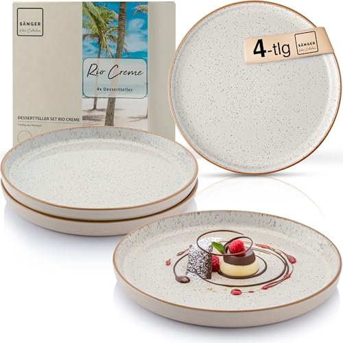 Sänger Rio Creme | Dessertteller 4 teilig, Steingut Frühstücksteller 4 Personen, Kuchenteller spülmaschinenfest mikrowellenfest multifunktional, Steingut Geschirr cremefarben | VALUE COLLECTON