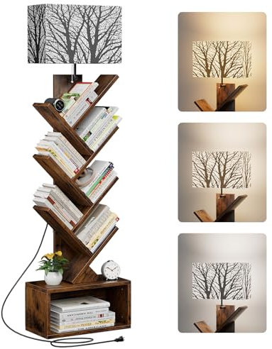 Evermagin Tree Bookshelf with Light, 6 Tier Small Bookcase, Narrow Floor Standing Book Tower Organizer with Storage Cabinet for Living Room, Bedroom and Home Office, Rustic Brown