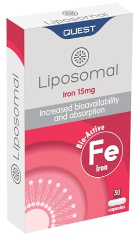 Quest - Liposomaljärn 30 x 15 mg veganskapslar. Järntillskott med hög hållfasthet och styrka för kvinnor och män, stöder energiproduktion samtidigt som trötthet och trötthet minskas. Icke GMO