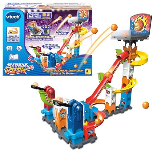 VTech - Marble Rush basketkorg, byggleksak och kulkrets, roterande katapulter, 41 st, 6 bollar, present barn +4 år, ESP-version