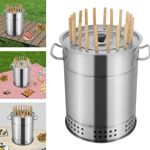SAYEYBU Parrilla Colgante para Barbacoa Sin Humo, Portátil De Acero Inoxidable, con Diseño De Barril Redondo Y Separación De Aceite Y Carbón, Ideal para Barbacoas,Plata,L