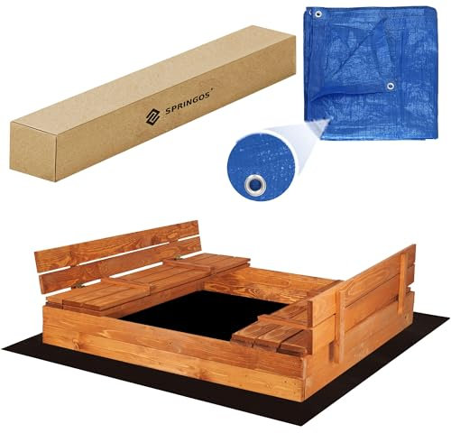 Sandkasten mit Abdeckung 150x150 cm – Holz Sandkasten mit Sitzbänken, imprägniert & wetterfest, klappbarer Deckel, kindersicher + Vlies & Plane – SPRINGOS