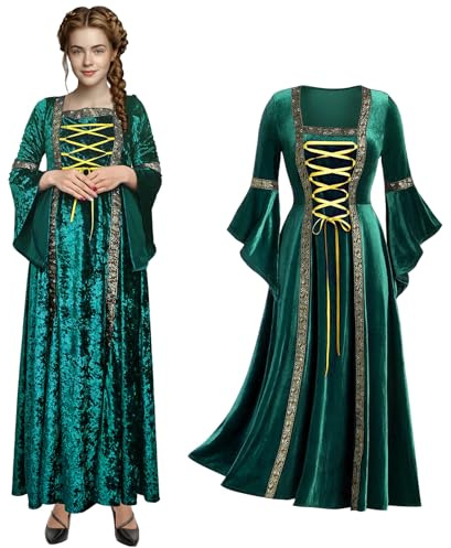 Robe rétro médiévale pour femme - Avec manches trompettes - En velours vert victorien - Robe de renaissance irlandaise - Costume de princesse - Pour carnaval, Halloween, fête, princesse